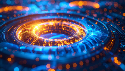 Technological Nexus: A mesmerizing close-up showcases the intricate patterns of circuit board and electrical components, highlighted by glowing neon and evoking themes of innovation.