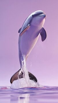 Playful 3D Render of a Realistic Dolphin Jumping Gracefully from the Water on a Cool Lavender Background