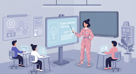 Cryptocurrency Education Session: A Modern Illustration of Students Learning About Digital Finance with Interactive Displays and an Engaging Instructor Leading