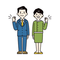 ガッツポーズをする、スーツを着た中年男性と中年女性の全身イラスト素材セット＿ベクター＿カラー