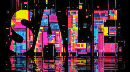 Vibrant sale sign reflecting in dark water with glitch effect