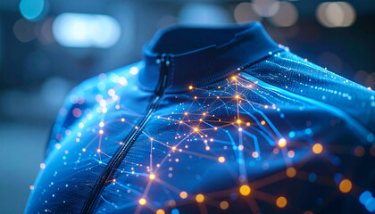Smart Textile: A close-up shot of a high-tech garment reveals integrated digital circuits, showcasing the fusion of fashion and technology, ideal for innovative design and wearable electronics.