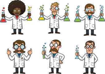 Funny cartoon scientists in lab coats holding colorful flasks and beakers, chemistry professors with quirky expressions, perfect for educational or science-themed designs.