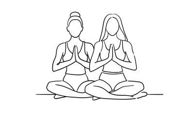 2 Woman sitting in yoga pose with palms folded at chest level, continuous line art isolated on white background. Relax line art drawing. Vector illustration	