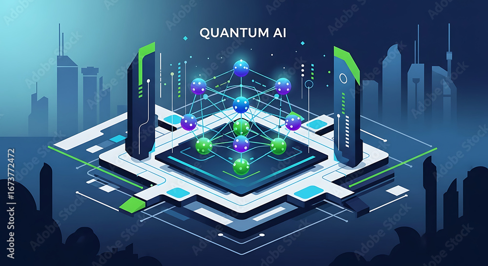 Poster quantum ai network with spheres and connections on a futuristic platform in a cityscape background
