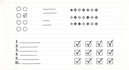 Handwritten Checklist, Numbering and Example Word List — Rustic Bullet Styles, Numbered Steps and Sample Words in a Casual Typewriter/Doodle Mix for Worksheets, Educational Resources and UI Prototypes