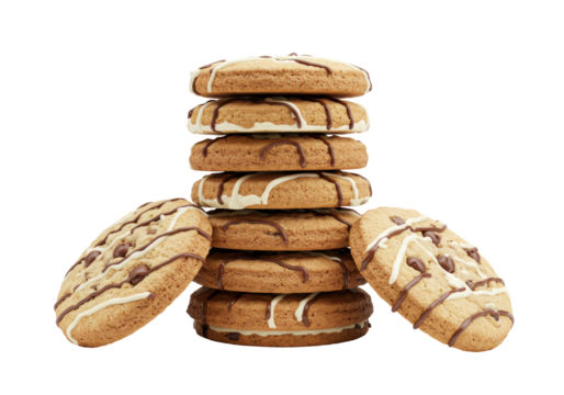Isolated stack of oatmeal cookies with drizzled chocolate and icing ready for consumption