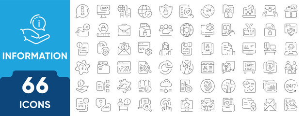 Information Line Icon Set. Set of 66 outline icons including info signs, help symbols, guides, FAQs, instructions, tips, and knowledge. Editable stroke. Linear vector illustration.
