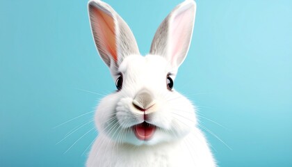 Obraz premium Cute white rabbit against teal background