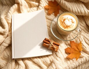 Cozy Autumn Flatlay with Blank Hardcover Book, Cinnamon Sticks and Coffee on Knit Blanket