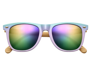 Colorful reflective sunglasses with wooden arms, modern accessory, stylish eyewear for summer fashion, vibrant mirrored lens, isolated on transparency background