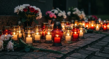 Glowing Memorial Candles with Flowers – Spiritual Remembrance for All Souls’ Day and All Saints’ Day