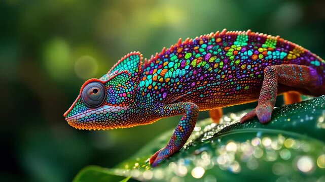 Vibrant multi-colored chameleon perched on a dew-kissed leaf, showcasing its dazzling scales and natural beauty in a lush environment