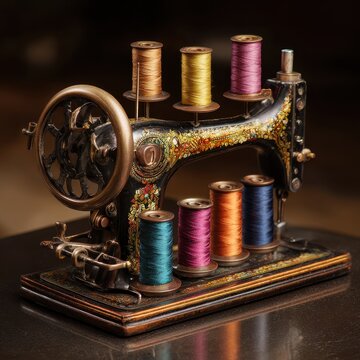 Antique sewing machine with colorful threads, dark background, studio shot, craft hobby