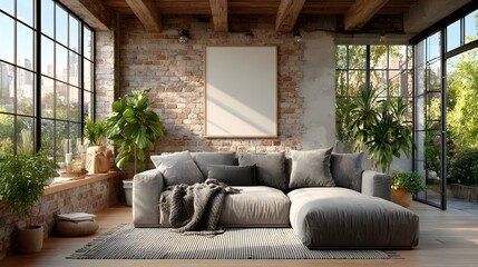 Fototapeta premium Sun-drenched, modern industrial loft living room with an exposed brick wall, large windows, and a comfortable grey sofa. Minimalist and chic design.