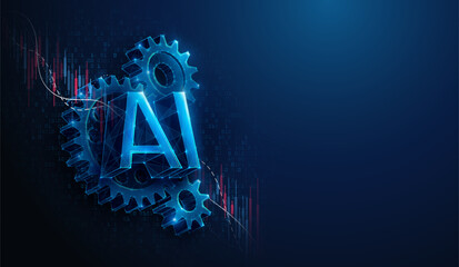 Lowpoly Artificial Intelligence Technology Gears Over Crashing Stock Market. Abstract vector illustration depicting AI tech industry share prices falling down made of wireframe mesh on blue background © artacet