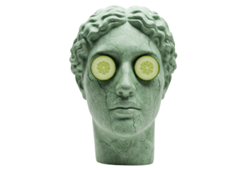 Isolated statue face with cucumber slices, spa treatment on a statue, self care concept