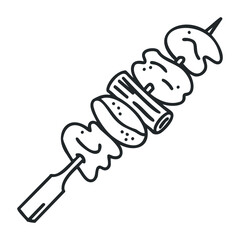 Grilling savory meat skewers at a summer barbecue outdoor gathering food photography sunny day close-up perspective. Outline vector illustration