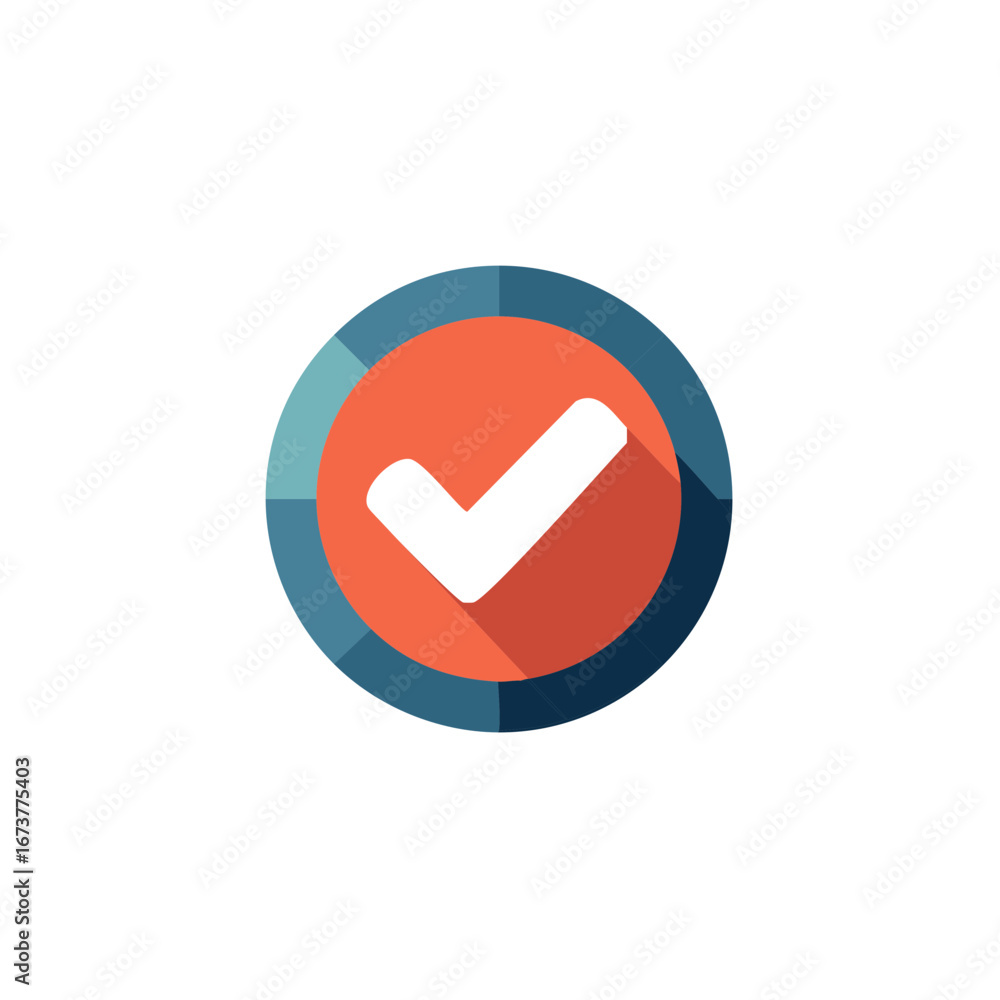 Poster successful completion checkmark graphic in an orange and teal flat style circle with shadow.