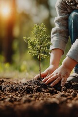 Child planting tree sapling in soil, hands pressing earth, cinematic sustainable lifestyle nature scene with sunlight