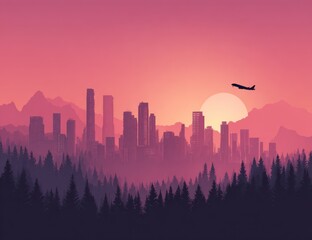 City skyline at sunset over a forest