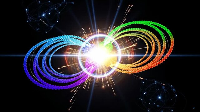 Quantum Fusion: Radiant Energy Burst - Colorful quantum particles fuse together at the center, emitting radiant energy and glowing light.