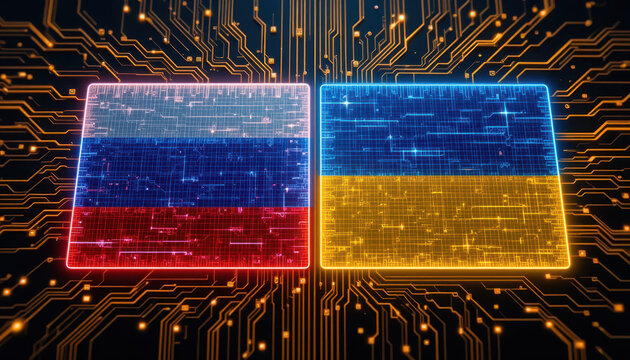 Conflict between russia and ukraine digital representation of national flags technology environment conceptual view - Powered by Adobe