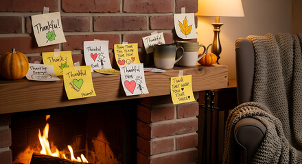 Thankful notes on a brick fireplace mantel with pumpkins and mugs near a cozy armchair ai generated