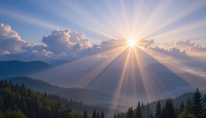 Sunrise Over Mountain Forest with Radiant Light Beams