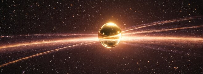 Golden Sphere Orbiting a Star in Cosmic Scene