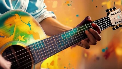 The musician's hands play an acoustic guitar stylized as abstract painting, with bright colors and dynamic brushstrokes around the instrument. Ideal for music album covers, creative projects, articles