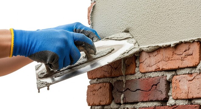 Builder's hands in blue protective gloves spreading wet mortar with a trowel on a newly laid red brick wall.