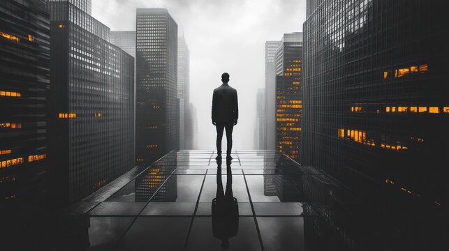 Man stands alone on a city rooftop walkway at night