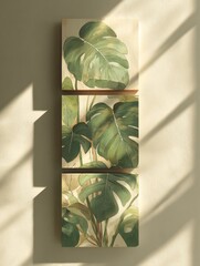 Three canvas prints, featuring large, stylized tropical leaves in muted greens and beige