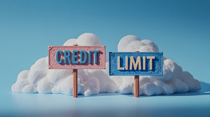 Intricately Designed Abstract Miniature Signs with "CREDIT" and "LIMIT" Inscribed Against a Soft Light Blue Digital Backdrop