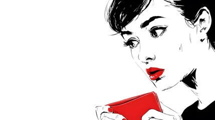 High-quality vector illustration of a serious woman confronting financial adversity with an empty wallet, expressed through crisp lines and a minimalist, stark white artistic style