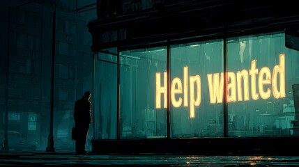 Innovative urban scene with a solitary figure merging with a reflective glass facade, where a luminous help wanted sign portrays economic transition and the quest for renewed opportunity.