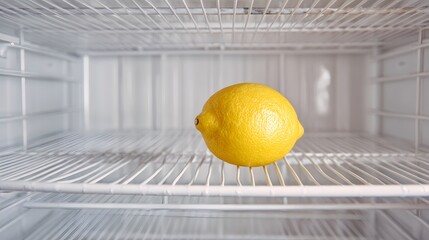 Depiction of a solitary lemon in a sparse modern refrigerator environment highlighting food scarcity and the economic and nutritional struggles faced by low-income households