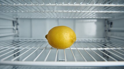 Intricate portrayal of a solitary lemon in an almost empty fridge emphasizing the stark realities of food scarcity and economic hardship in low-income settings