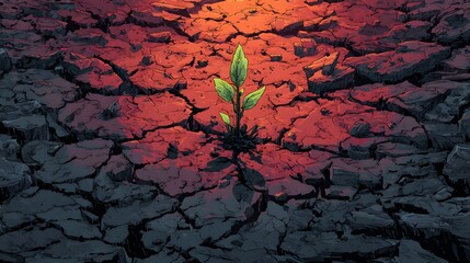 Evocative vector representation of emerging life within a rugged, burnt landscape that underscores the complex interplay between destruction and rejuvenation amidst overwhelming climate turmoil