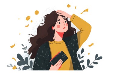 Intricate flat vector representation featuring a woman in panic as her wallet empties, deeply symbolizing economic anxiety and financial pressure in a minimalist art style
