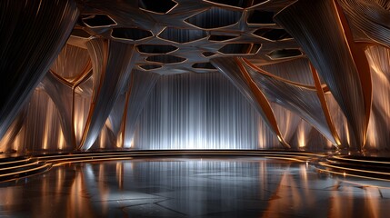 Cuttingedge reflective metallic stage with mesmerizing glossy finish and intricate modern detailing under ambient illumination for a futuristic theatrical ambiance