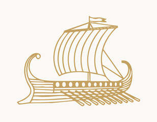 Ancient galley trireme with sails and oars gold line art