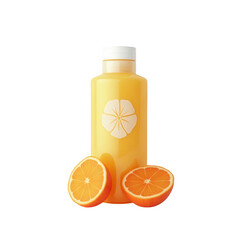 A bottle of vibrant orange juice, highlighted by fresh orange slices, presents a healthy and refreshing drink option.