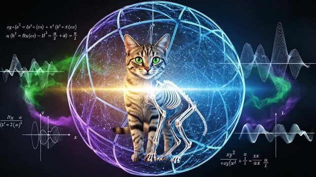 Schrödinger's Cat Quantum Physics Concept - A tabby cat with glowing green eyes stands within a glowing quantum energy sphere, superimposed with its skeleton and complex mathematical equations and - Powered by Adobe