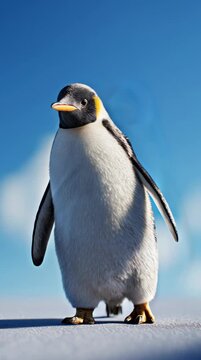 Charming 3D Render of a Photorealistic Penguin Standing on a Crisp, Light Blue Background