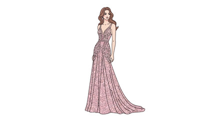 Elegant Woman in a Pink Lace Gown Illustration