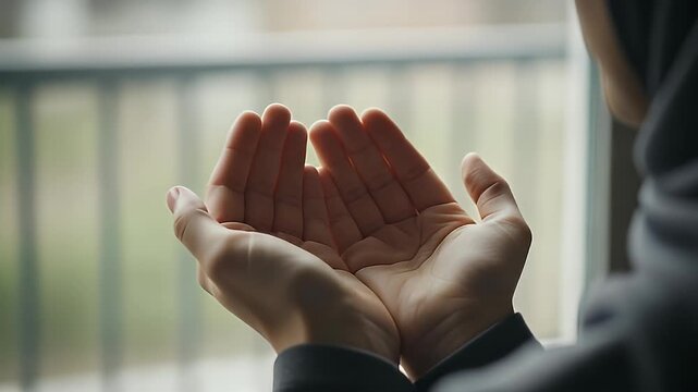 Close Up of Woman's Open Hands in Prayer Wearing Grey Hijab Near Window Expressing Faith and Devotion with Soft Natural Light and Peaceful Atmosphere