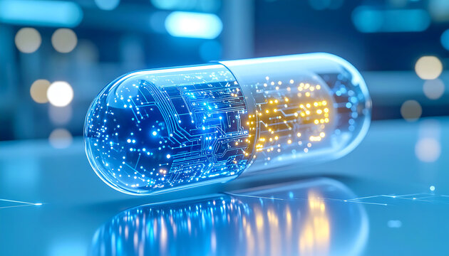 A transparent capsule reveals a glowing digital brain with intricate circuitry and illuminated nodes, representing advanced technology and artificial intelligence in medicine.