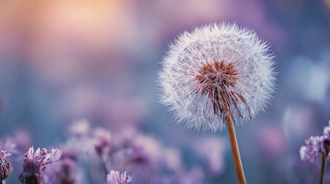 Beautiful 3D Render of a Dandelion Seed Head with Flying Seeds on a Soft Pastel Purple Background